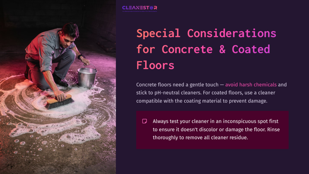 6 Special Considerations For Concrete And Coated Floors A Person Cleaning A Garage Floor With A Broom And Bucket, Surrounded By Purple And Gray Tones, Illustrating Proper Maintenance Tips.