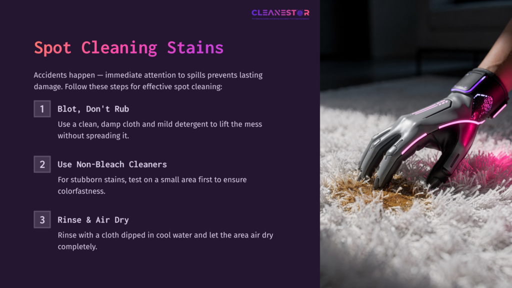 A Close-Up Of A Hand Wearing A Purple Cleaning Glove, Blotting A High-Pile Rug With A Cloth. Background Features Cleaning Tips In Clear Text.