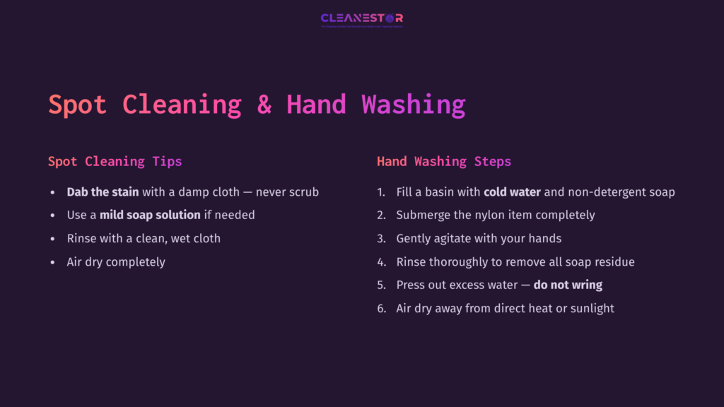 Text Instructions On A Dark Purple Background Detailing Spot Cleaning Tips And Hand Washing Steps For Ballistic Nylon.