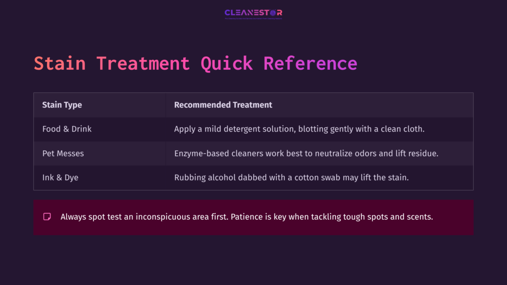 Dark Purple Background With White And Pink Text Detailing A Stain Treatment Quick Reference Guide, Including Recommendations For Food, Pets, And Testing Methods.