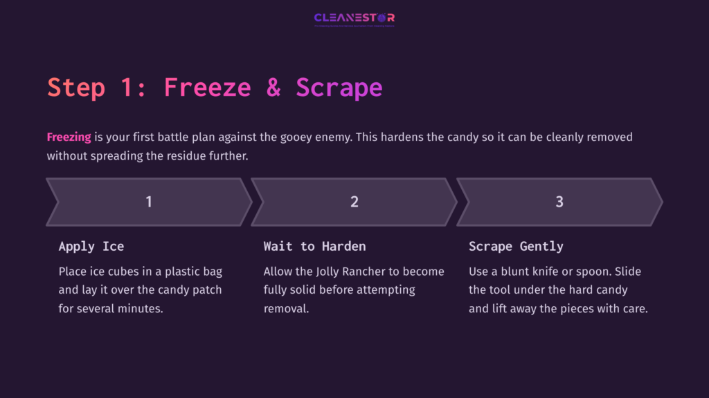 Step 1 Instructions: Freeze &Amp; Scrape. Purple Background, White Text With Bullet Points Detailing The Process Of Cleaning Melted Jolly Rancher Candy.