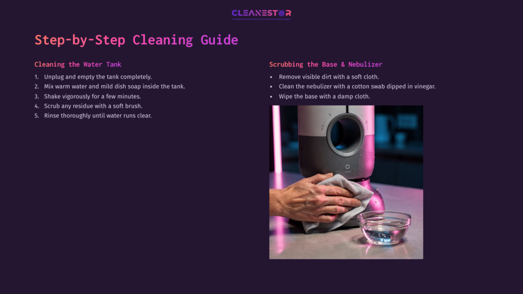 Step-By-Step Cleaning Guide With Text Instructions, Hands Scrubbing A Humidifier Base, And A Bowl Of Water On A Countertop.