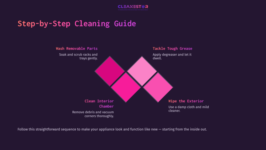 6 Step By Step Cleaning Guide Step-By-Step Cleaning Guide For An Air Fryer Toaster Oven, Featuring Pink Diamond Graphics On A Dark Background With Instructional Text.
