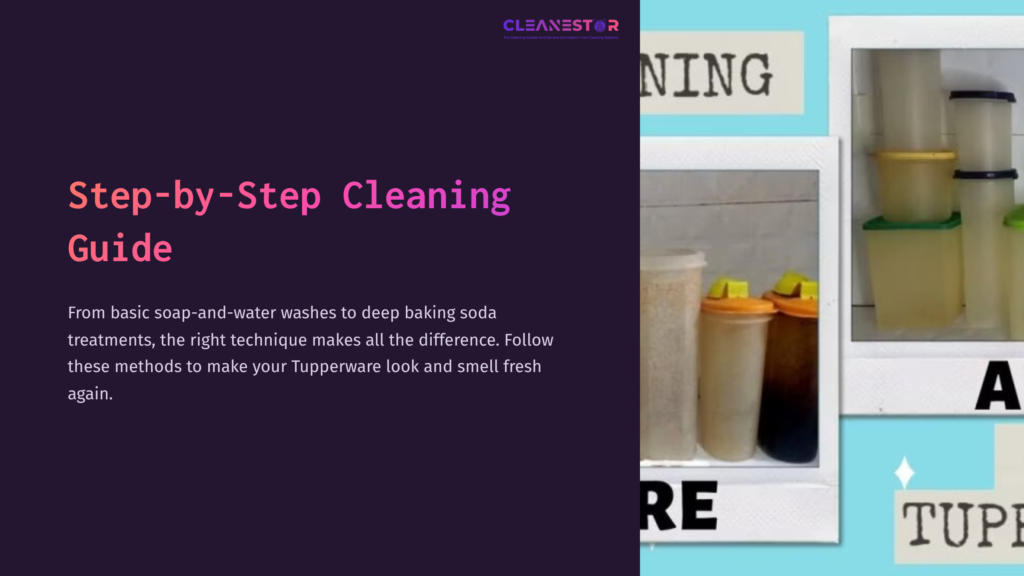 Two Containers On A Light Blue Background, One Transparent With Food Residue And Another With A Yellow Lid, Next To Cleaning Tips.