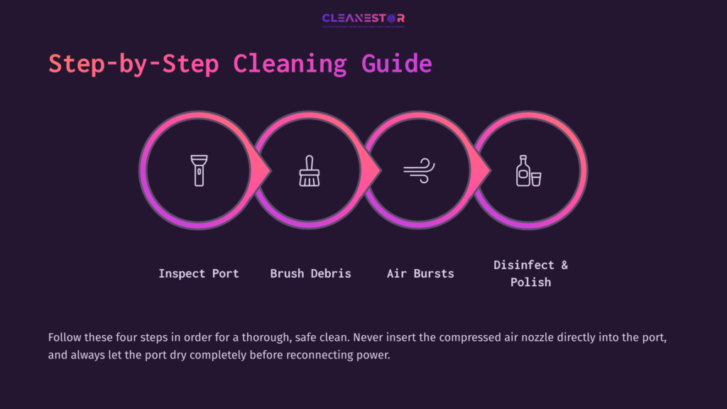 Four Circular Icons With A Brush, Air Canister, And Cleaning Solution Connected By Arrows, Set Against A Dark Background With Bold Text.