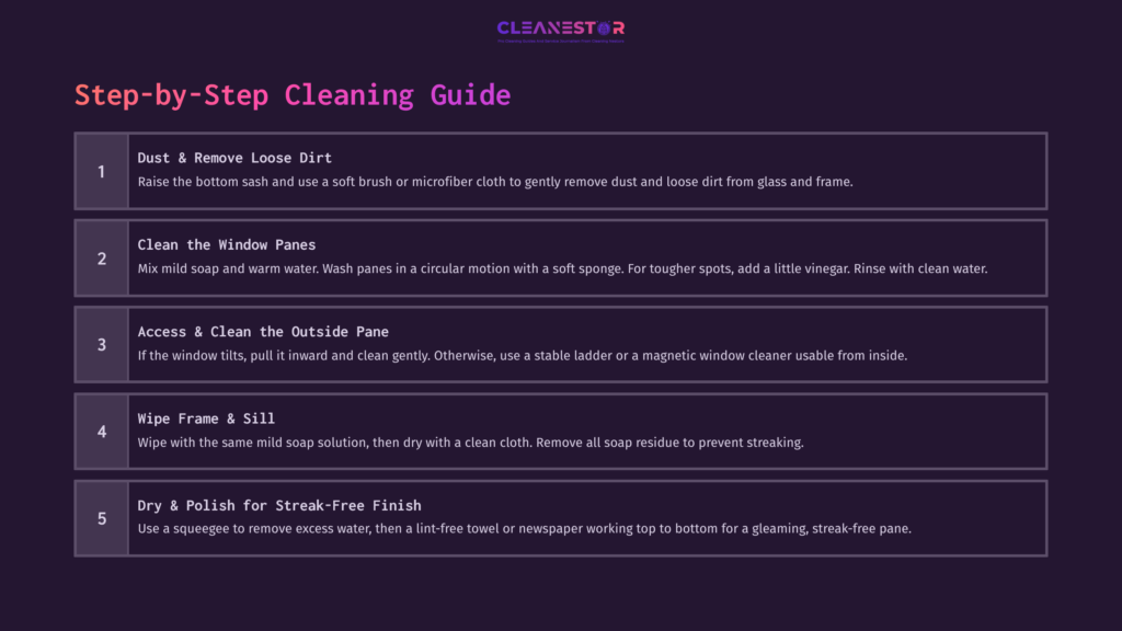 Step-By-Step Cleaning Guide With Text Instructions On Cleaning Single-Hung Windows, Featuring A Dark Background And Clear Layout.