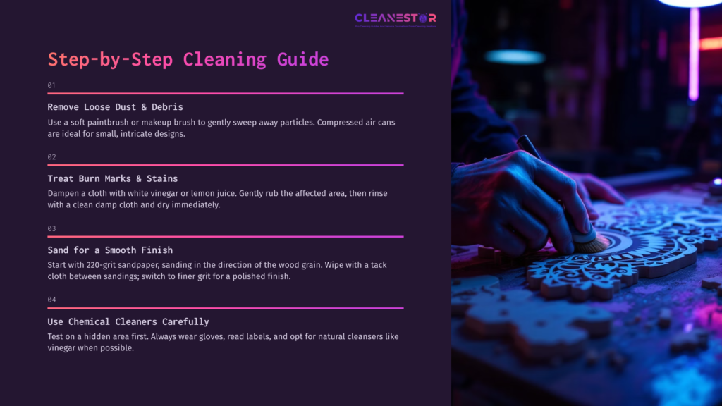 Step-By-Step Cleaning Guide With Purple Background, Featuring Numbered Steps Alongside A Person Cleaning A Laser-Cut Wood Piece.