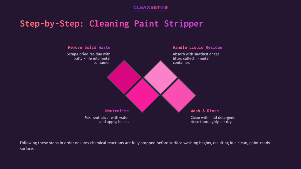 Infographic Outlining Steps For Cleaning Paint Stripper: Solid Waste Removal, Handling Residue, Neutralizing, Washing, And Rinsing.