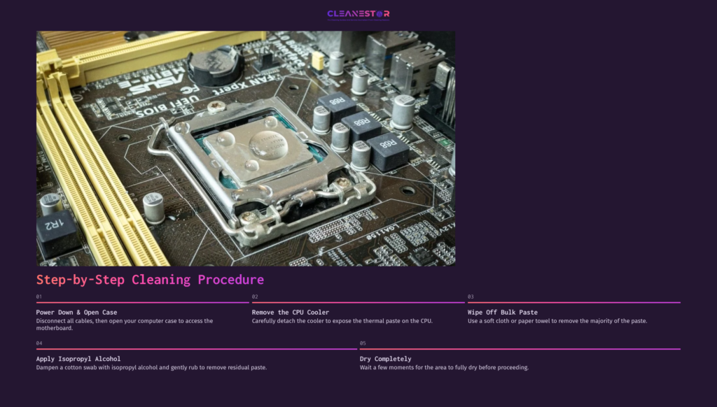Close-Up Of A Motherboard With Thermal Paste Around A Cpu Socket, Highlighting Steps To Clean Off The Paste, Including Tools And Instructions.