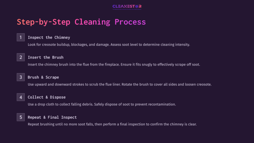 6 Step By Step Cleaning Process 1 Step-By-Step Cleaning Process For A Chimney, Featuring A List Of Tasks In White Text On A Purple Background.