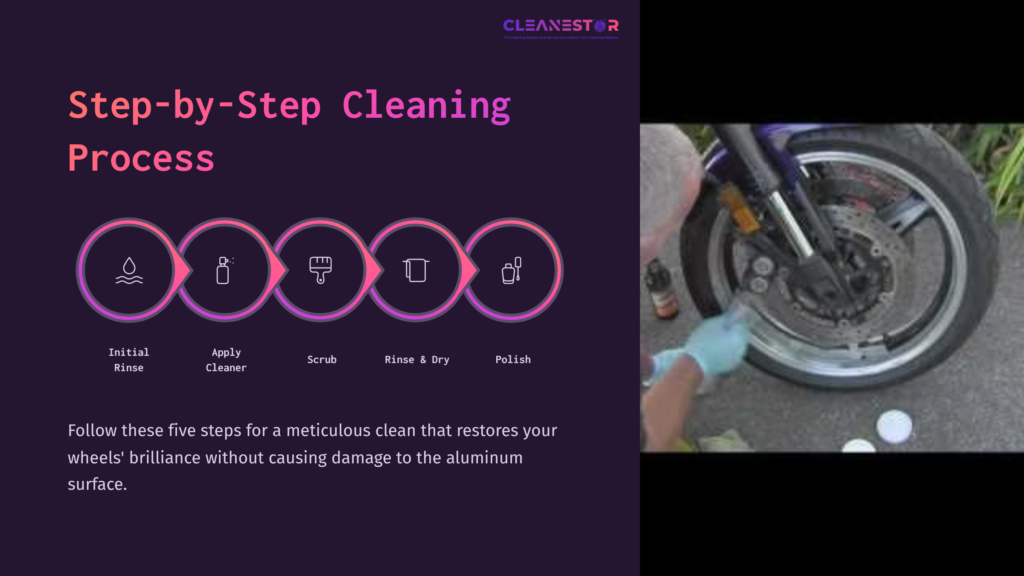 6 Step By Step Cleaning Process A Close-Up Of A Person'S Hand Cleaning An Aluminum Motorcycle Wheel With A Scrub Brush, Alongside A Step-By-Step Guide On Cleaning.