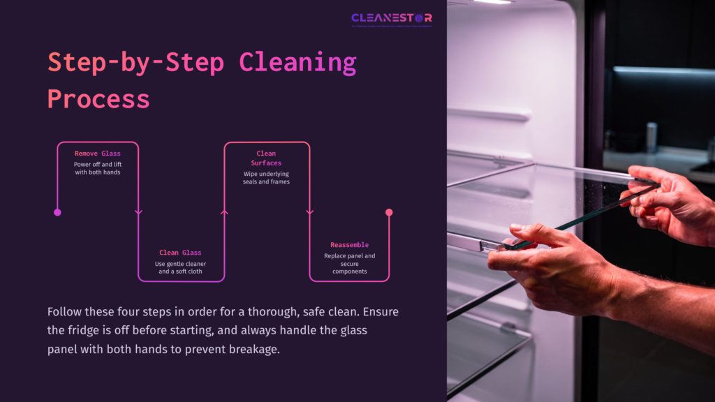 Hands Carefully Handling Glass While Cleaning A Refrigerator Interior, With Instructions Highlighted In A Purple And White Layout.