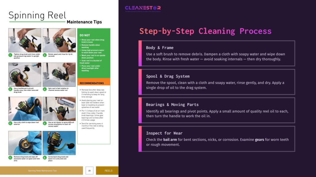 6 Step By Step Cleaning Process 13 Step-By-Step Guide On Cleaning A Shimano Spinning Reel, Featuring Diagrams, Instructions, And Maintenance Tips Against A Purple Background.