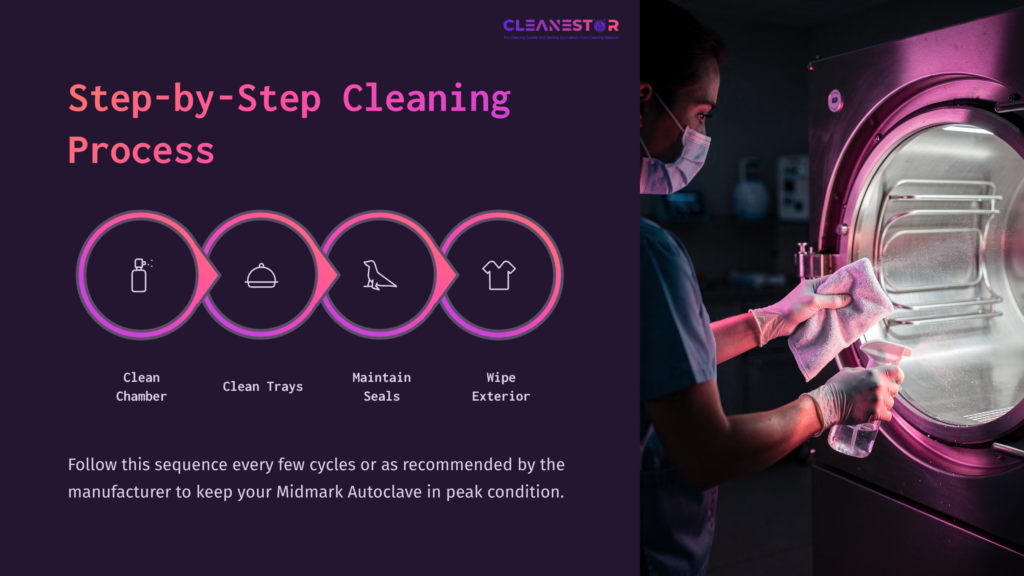 A Technician In Scrubs Cleans The Interior Of A Midmark Autoclave With A Cloth, Surrounded By Cleaning Steps In Purple Circles.