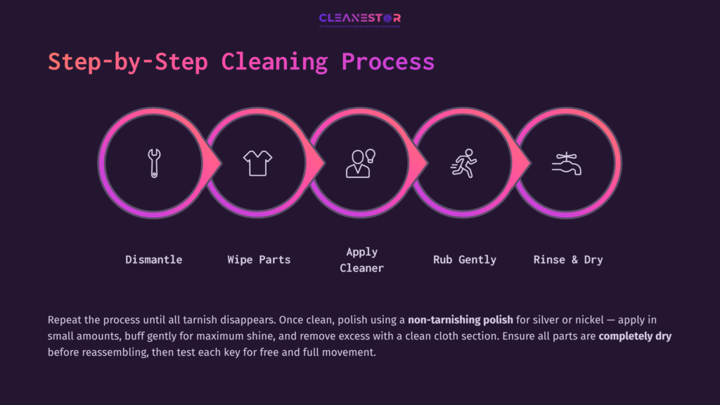 Step-By-Step Guide For Cleaning A Flute, Featuring Five Circular Steps: Dismantle, Wipe Parts, Apply Cleaner, Rub Gently, Rinse And Dry.
