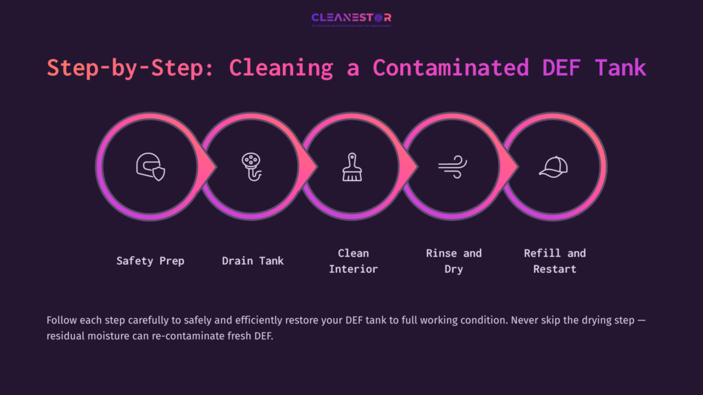 6 Step By Step Cleaning A Contaminated Def Tank Flowchart Outlining Steps For Cleaning A Contaminated Def Tank, Featuring Icons For Safety Prep, Draining, Cleaning, Rinsing, And Refilling.