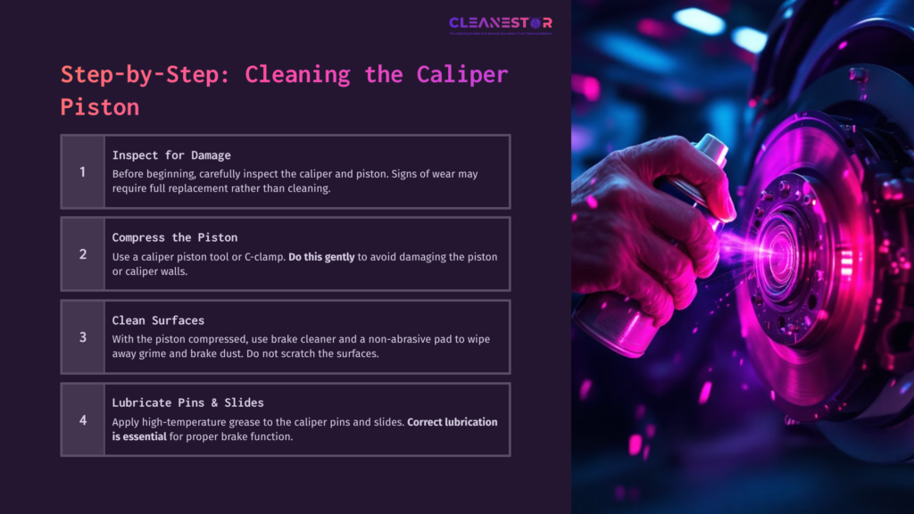 Purple-Themed Infographic Detailing Steps For Cleaning A Caliper Piston, Featuring Vibrant Graphics Of Cleaning Tools And Techniques.