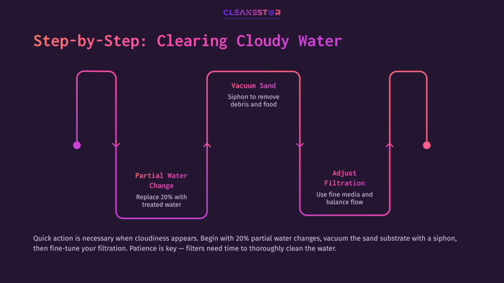 Flowchart Illustrating Steps To Clear Cloudy Aquarium Water: Vacuum Sand, Perform Partial Water Change, And Adjust Filtration Settings.