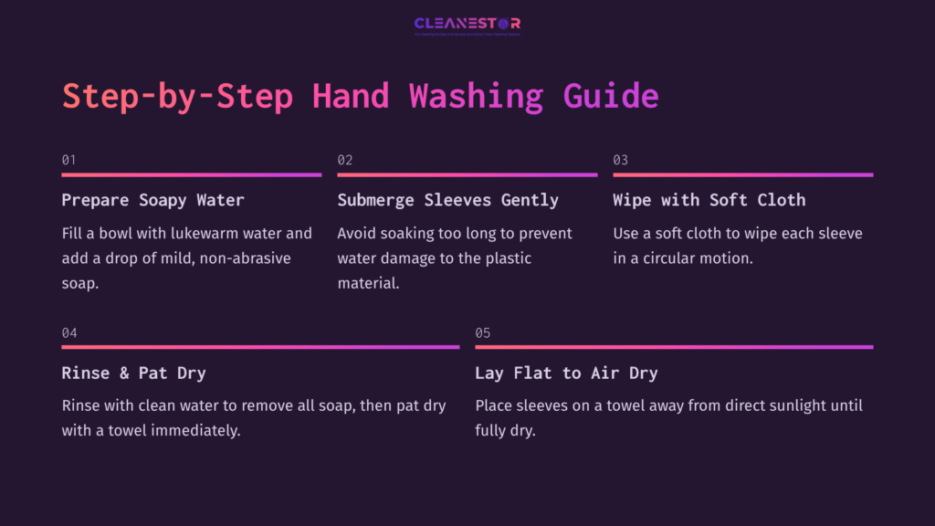 Step-By-Step Guide With Instructional Steps On Cleaning Dragon Shield Sleeves, Featuring A Dark Background And Vibrant Pink Accents.