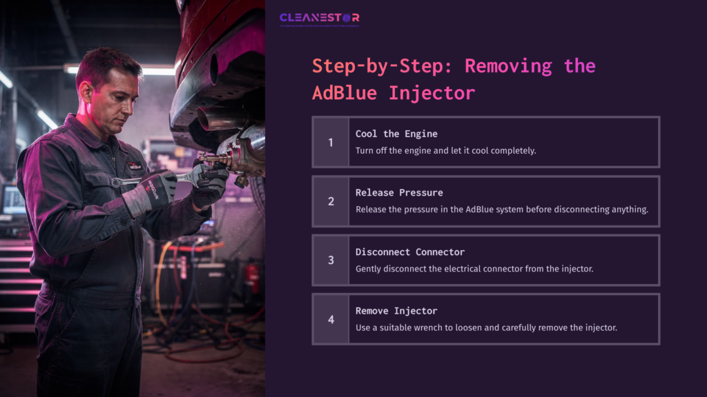 6 Step By Step Removing The Adblue Injector Mechanic Working On A Car'S Undercarriage In A Workshop, With Steps For Cleaning The Adblue Injector Listed On The Right.