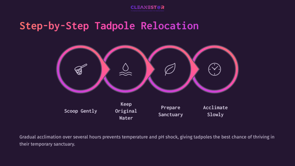 6 Step By Step Tadpole Relocation Four Pink Circles With Icons And Text Outline Steps For Tadpole Relocation: Scoop Gently, Keep Original Water, Prepare Sanctuary, Acclimate Slowly.