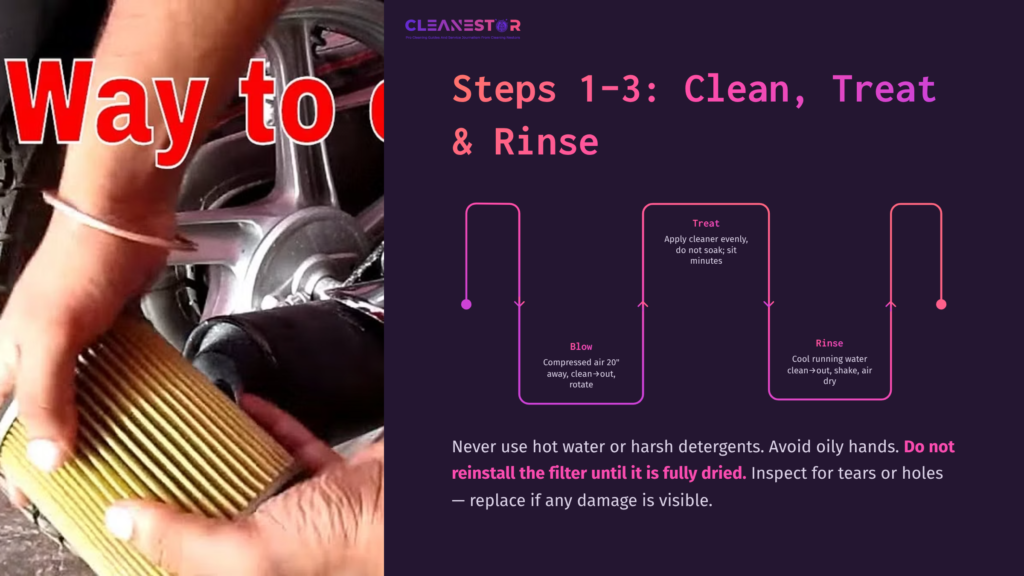 Close-Up Of A Hand Holding A Paper Air Filter, With Steps For Cleaning Displayed In Purple Text On The Side, Including Cautionary Notes.