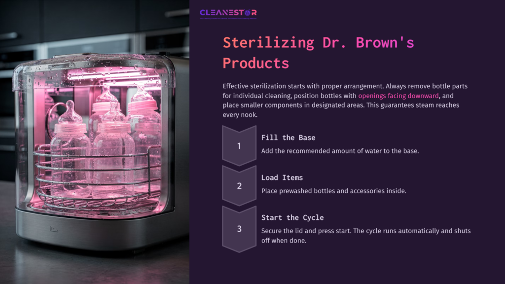 Dr. Brown'S Sterilizer With Bottles Inside, Illuminated By Pink Light. Instructions On Side For Sterilization Steps: Fill Base, Load Items, Start Cycle.