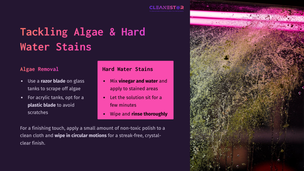 A Glass Fish Tank With Visible Algae And Water Stains, Alongside Cleaning Tips Displayed On A Dark Background With A Vibrant Purple Border.