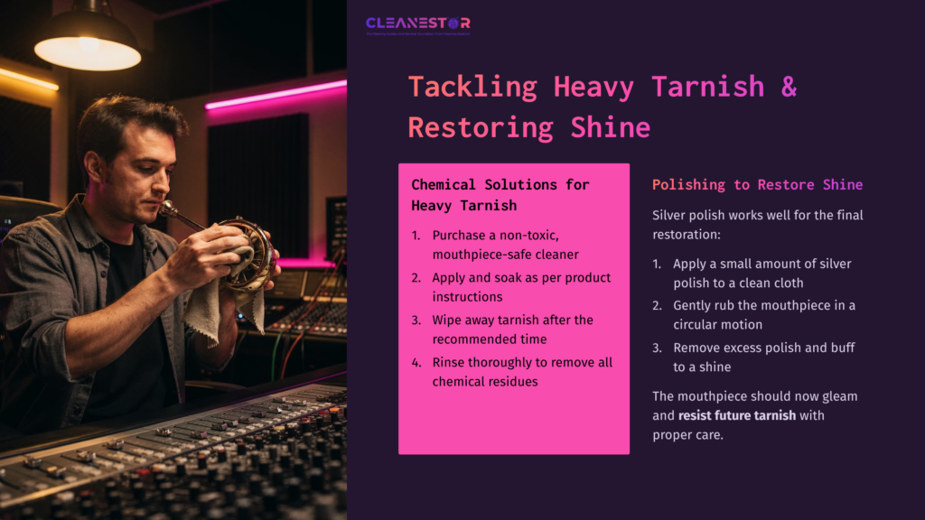 6 Tackling Heavy Tarnish And Restoring Shine Man Cleaning A Tarnished Mouthpiece With A Cloth, Surrounded By Studio Equipment, In A Warmly Lit Room With Colorful Lighting.