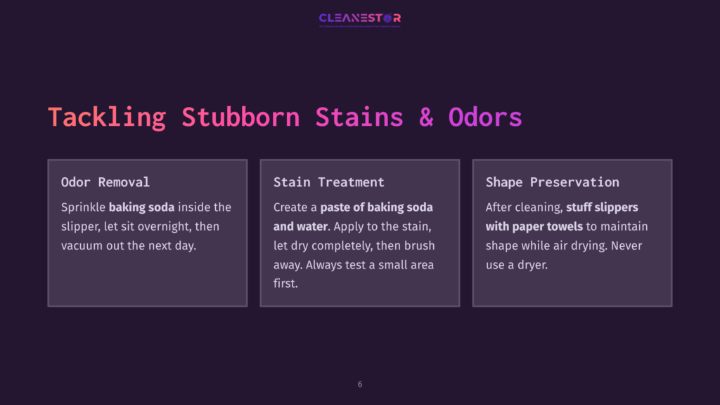 Three Sections On A Dark Purple Background Featuring White And Pink Text. Topics Include Odor Removal, Stain Treatment, And Shape Preservation, With Steps Outlined.