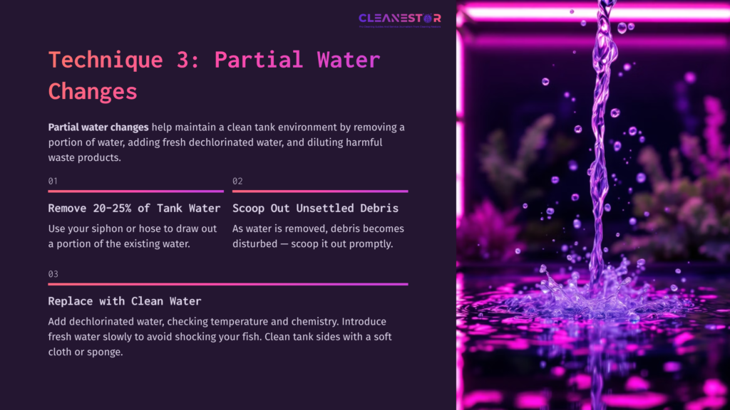 Instructions For Partial Water Changes In A Fish Tank, Featuring Vibrant Pink Water Splashing, With Numbered Steps And A Dark Background.