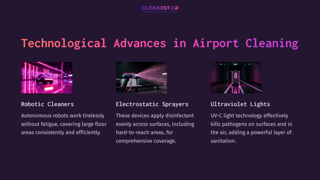 Robotic Cleaners, Electrostatic Sprayers, And Uv-C Lights Highlighted Against A Dark Purple Background, Showcasing Airport Cleaning Technology.