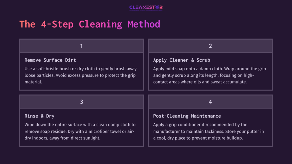 4-Step Cleaning Method For Super Stroke Putter Grip: Removing Dirt, Applying Cleaner, Rinsing, And Post-Maintenance Guidance.