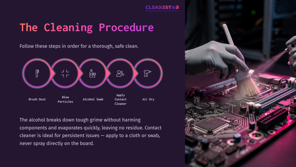 Hands Using A Cloth To Clean A Motherboard, With A Dark Background And Purple Accents Highlighting A Step-By-Step Cleaning Guide.