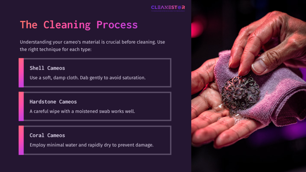 A Hand Holding A Decorative Cameo Brooch, With Tips For Cleaning Different Materials Displayed In Text Boxes On A Dark Background.