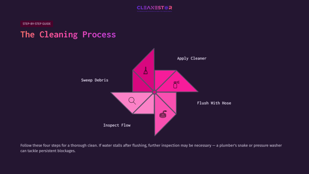 A Diagram Illustrating A Four-Step Cleaning Process With Pink Arrows And Icons For Cleaning Pool Deck Drains On A Dark Background.
