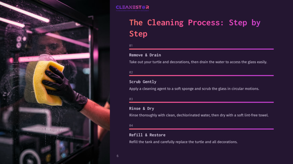 A Person Wearing Gloves Cleans A Turtle Tank Glass With A Yellow Sponge, Surrounded By Pink And Purple Lighting.