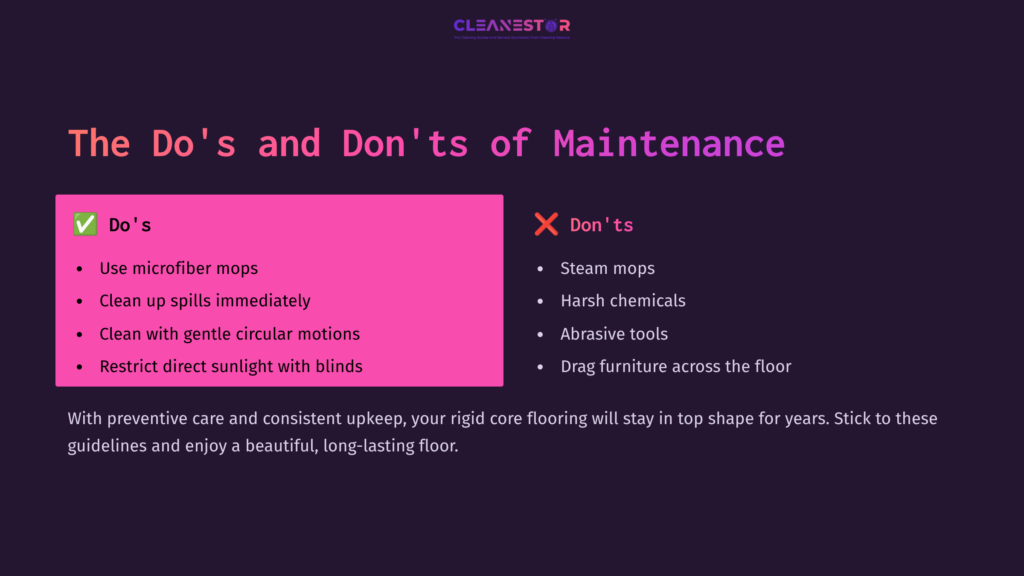 Bright Pink Text Lists &Quot;Do'S&Quot; And &Quot;Don'Ts&Quot; For Maintaining Rigid Core Flooring, Set Against A Dark Purple Background With Visual Icons.