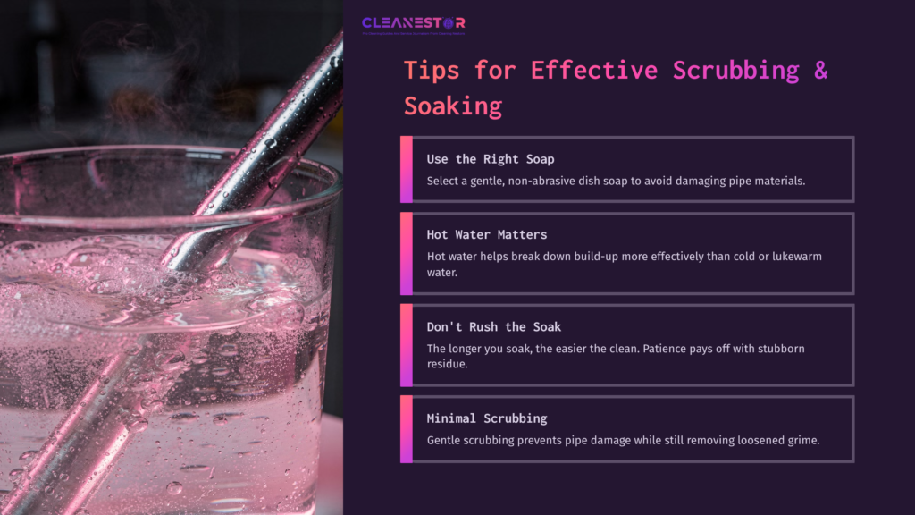 A Clear Glass Bowl With Soapy Water And A Cleaning Brush, Alongside Tips On Effective Pipe Cleaning In A Modern, Dark-Themed Layout.