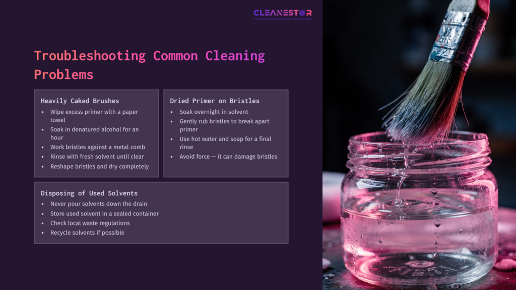 A Paintbrush With Wet Bristles Is Immersed In A Clear Jar Of Liquid, Alongside Troubleshooting Tips For Cleaning Brushes.