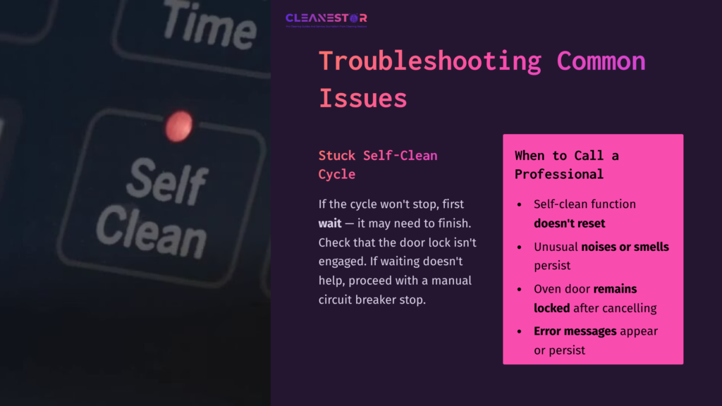 Close-Up Of A Ge Oven Control Panel Featuring A Red Indicator Light On The &Quot;Self Clean&Quot; Button, With Troubleshooting Text And A Pink Box Beside It.