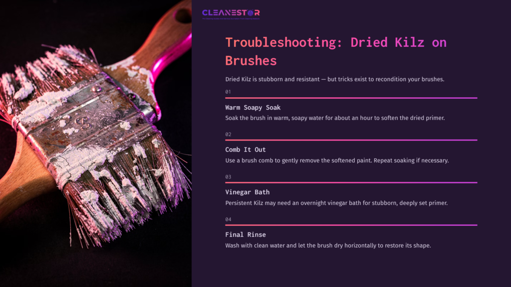 A Paintbrush With Dried Kilz, Soaked In Soapy Water, Alongside A Troubleshooting Guide With Step-By-Step Cleaning Tips.