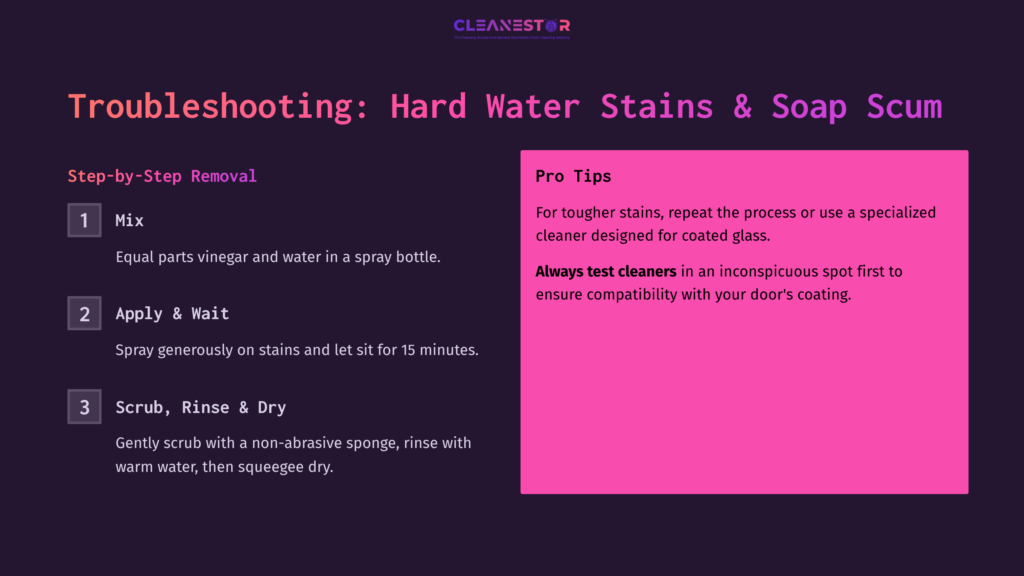 Instructions For Cleaning Coated Shower Doors: Steps For Stain Removal, Tips Highlighted In Pink, Dark Background With Clear Text Layout.