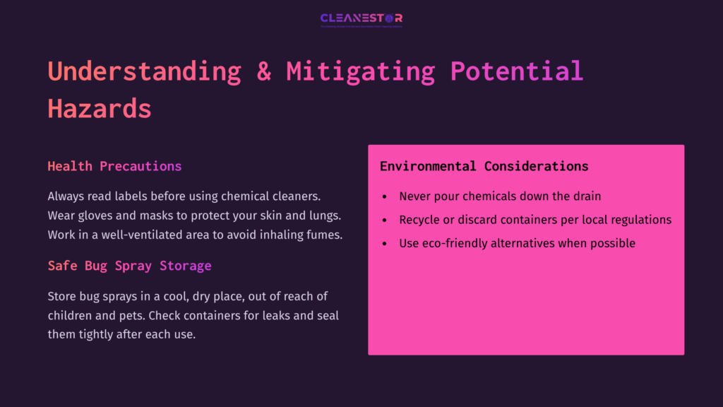 Text On A Dark Background Highlights Health Precautions And Environmental Considerations For Handling Bug Spray, With A Bright Pink Box For Emphasis.