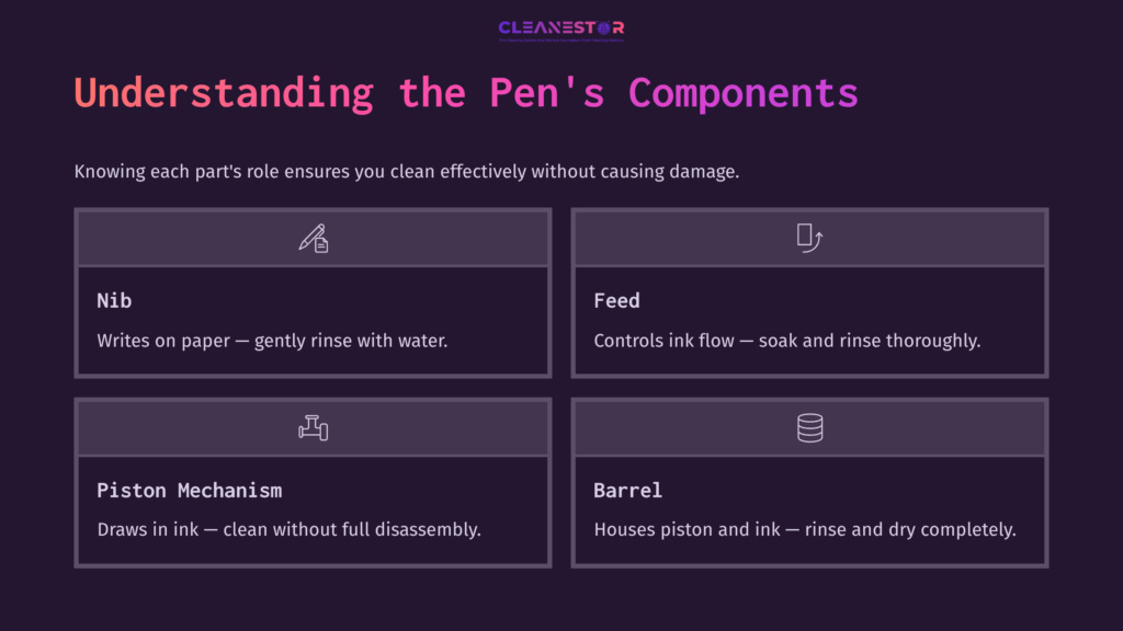 6 Understanding The Pens Components Four Labeled Sections Outlining The Twsbi Eco Pen Components: Nib, Feed, Piston Mechanism, And Barrel, Set Against A Dark Background.