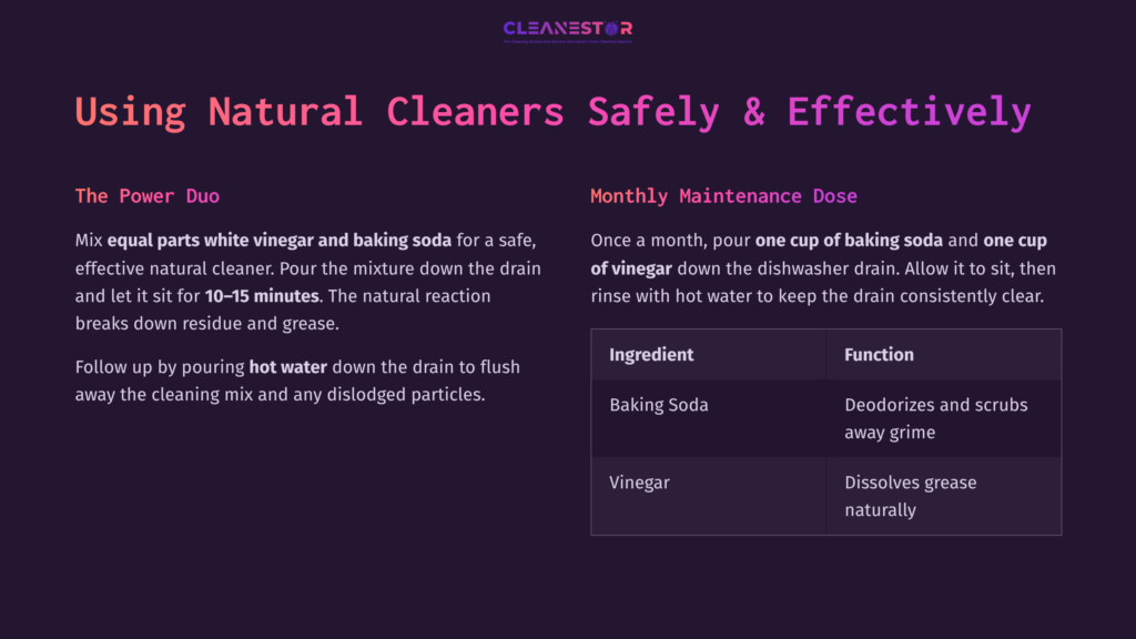 Text On A Dark Purple Background Detailing Natural Cleaners For Dishwasher Drainage, Featuring Power Duo: Vinegar And Baking Soda, With A Maintenance Tip.