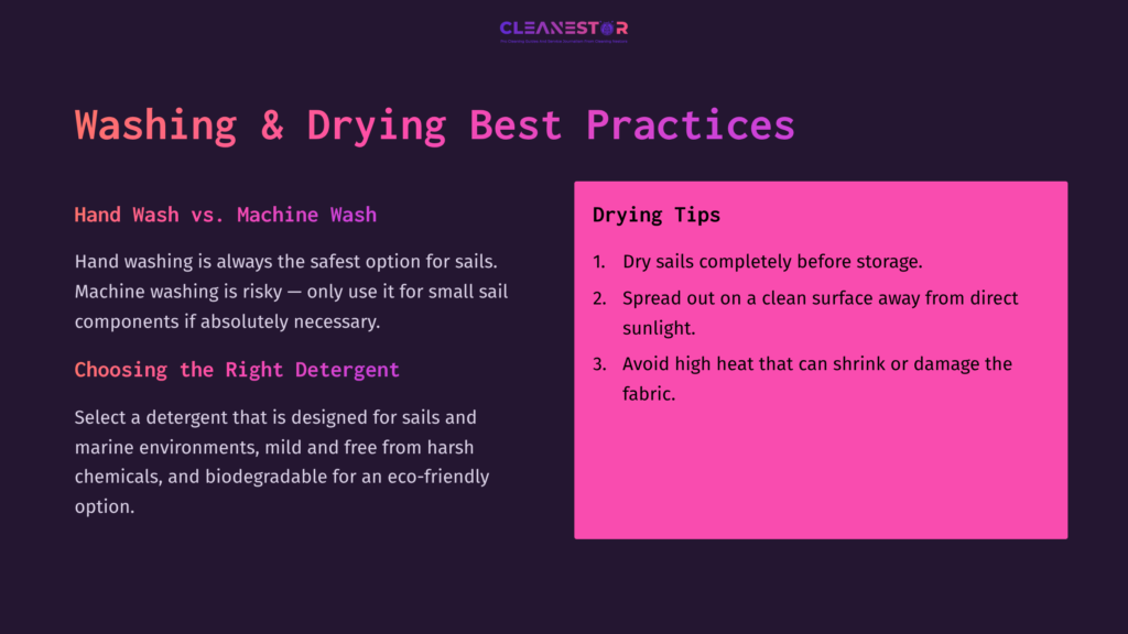 6 Washing And Drying Best Practices Text Layout Includes A Pink Box With &Quot;Washing &Amp; Drying Best Practices&Quot; And Tips On Sail Care, Set Against A Dark Background.
