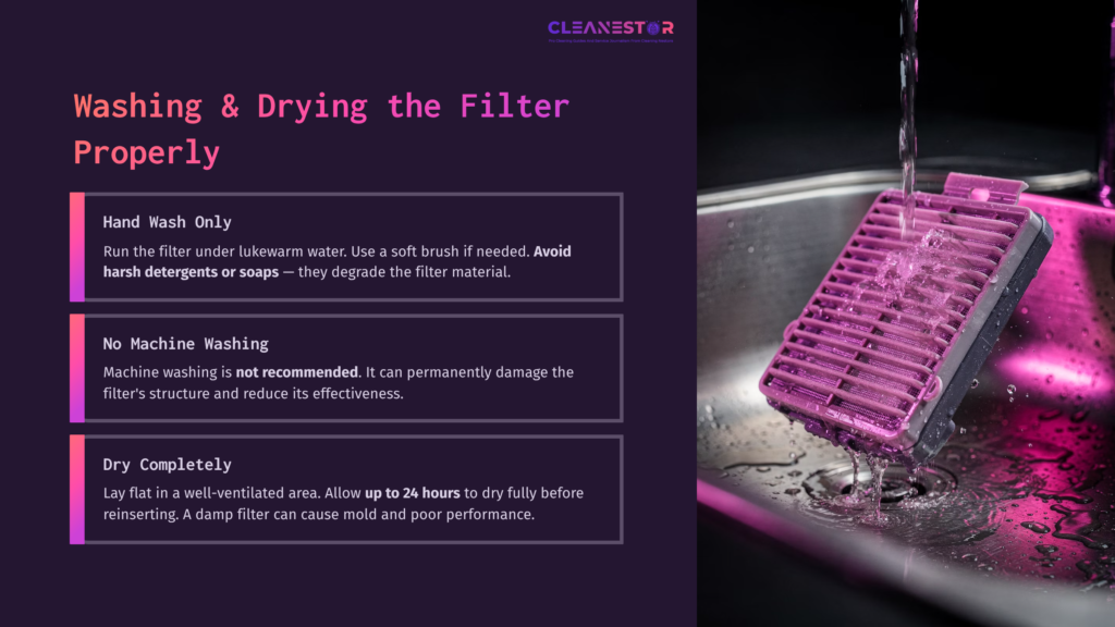 A Pink Roborock Filter Being Rinsed Under Water In A Metallic Sink, Accompanied By Text Outlining Cleaning And Drying Instructions.