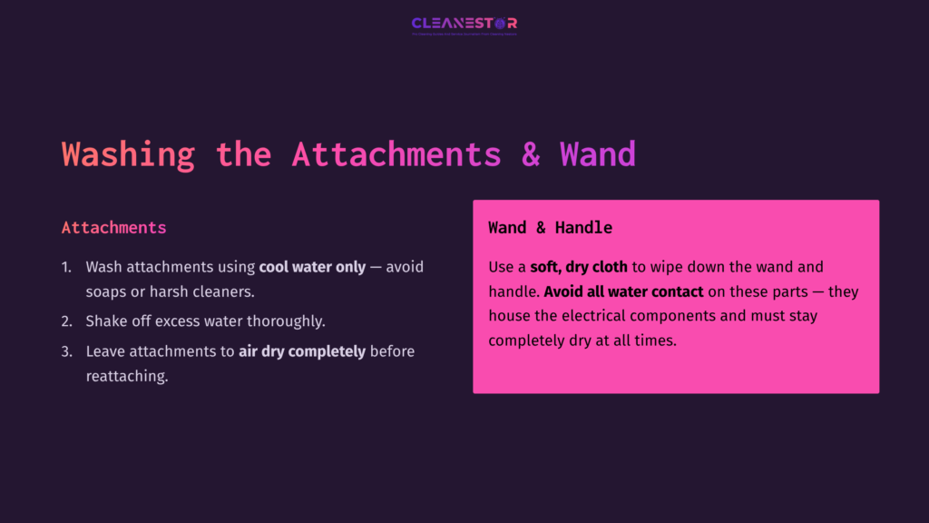 6 Washing The Attachments And Wand Text On A Dark Purple Background With Highlighted Pink Box. Instructions For Cleaning Dyson Airwrap Attachments And Wand, Emphasizing Avoidance Of Water.