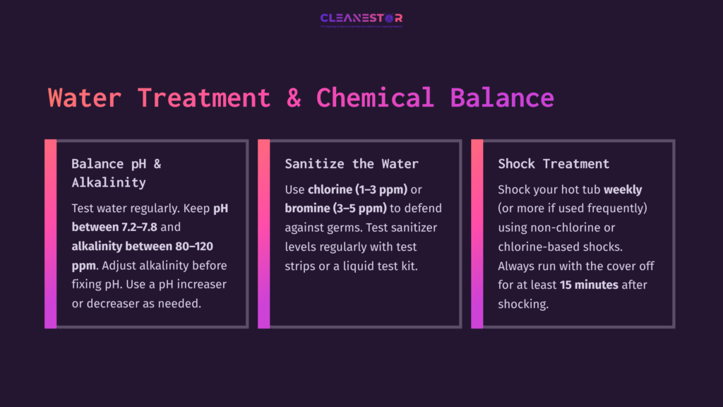 Three Sections On Water Treatment For Hot Tubs: Balancing Ph And Alkalinity, Sanitizing With Chlorine Or Bromine, And Shock Treatment. Colorful Background.